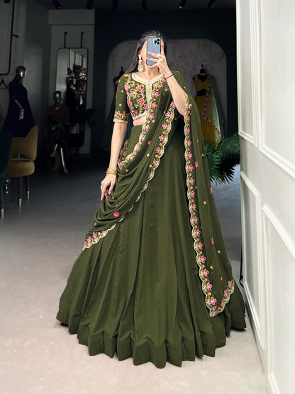 Olive Green Georgette Lehenga Choli With Sequins & Thread Embroidery Work