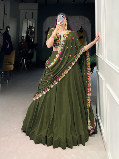 Olive Green Georgette Lehenga Choli With Sequins & Thread Embroidery Work