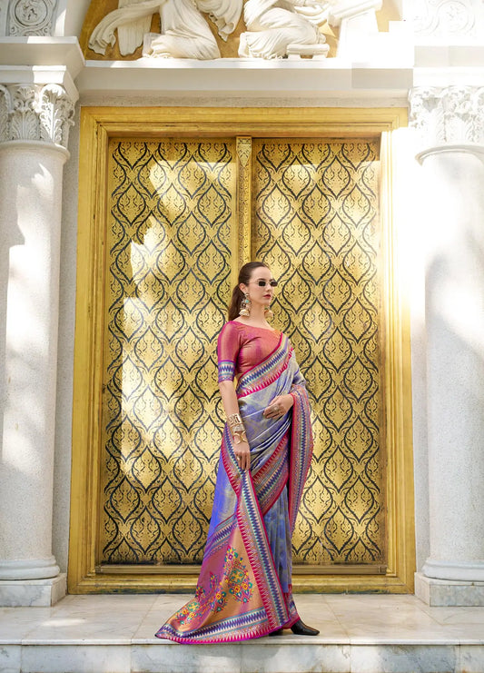 Blue Tissue Silk Saree with Zari Weaving & Contrast Border