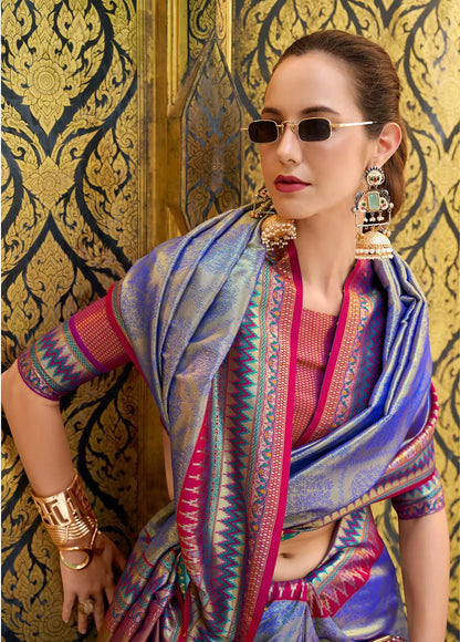 Blue Tissue Silk Saree with Zari Weaving & Contrast Border