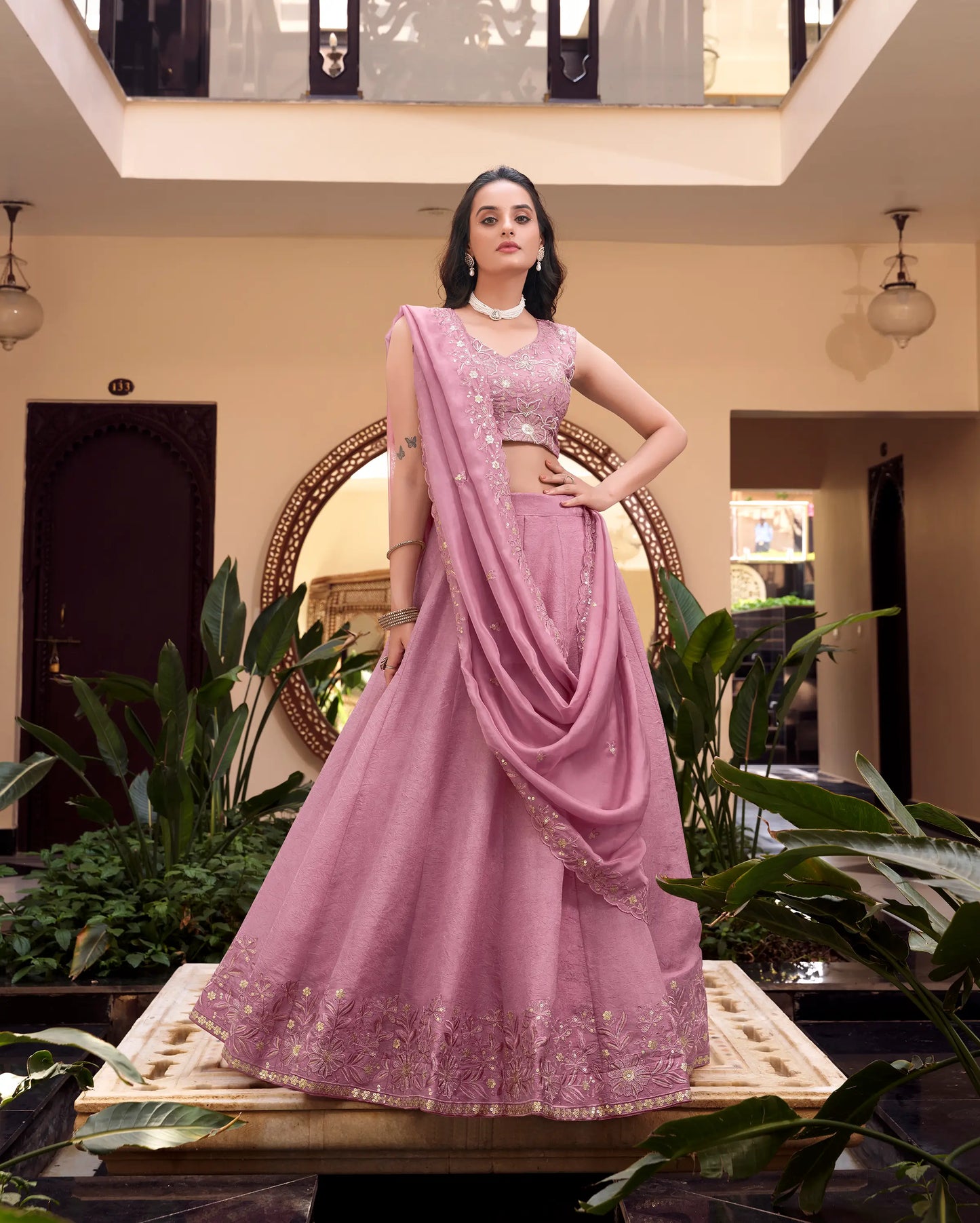 Pink Crush Silk Pearl Coding, Sequins & Thread Embroidery Work  Lehenga Choli
