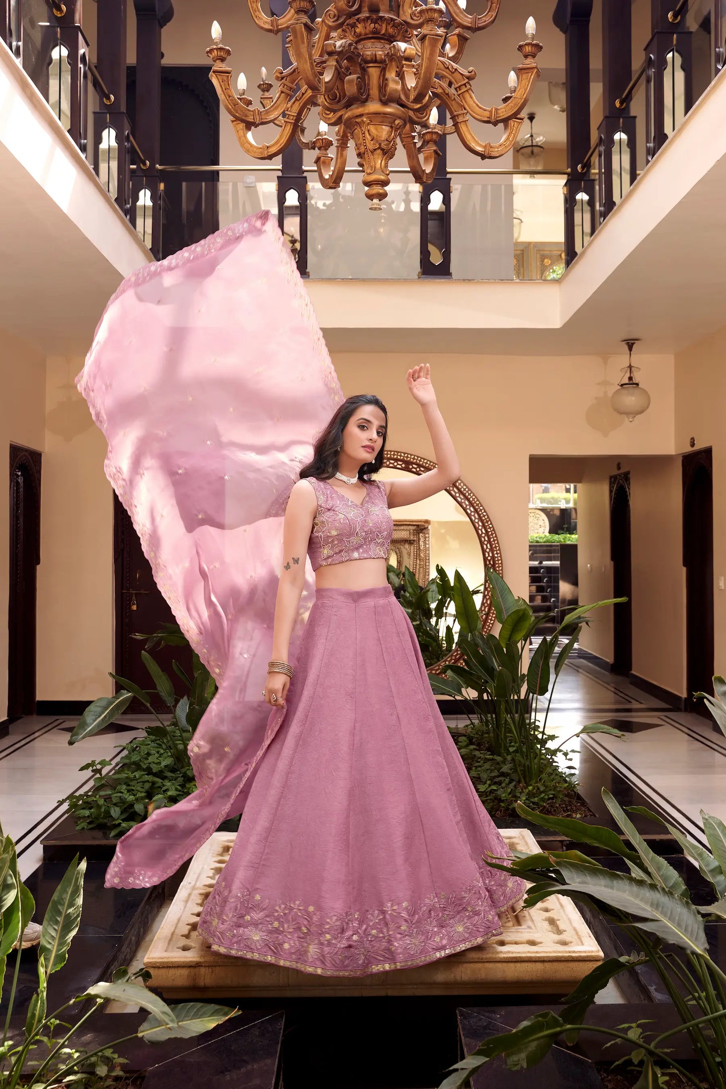 Pink Crush Silk Pearl Coding, Sequins & Thread Embroidery Work  Lehenga Choli