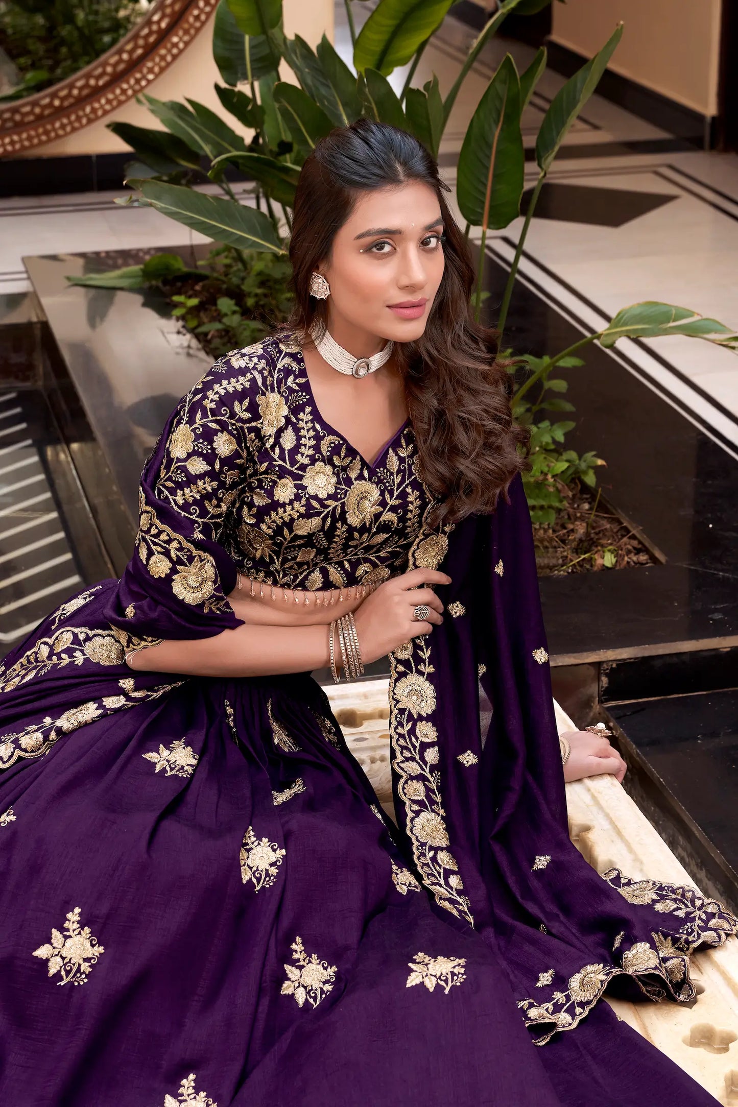 Purple Vichitra Silk Pearl Coding, Sequins & Thread Embroidery Work  Lehenga Choli