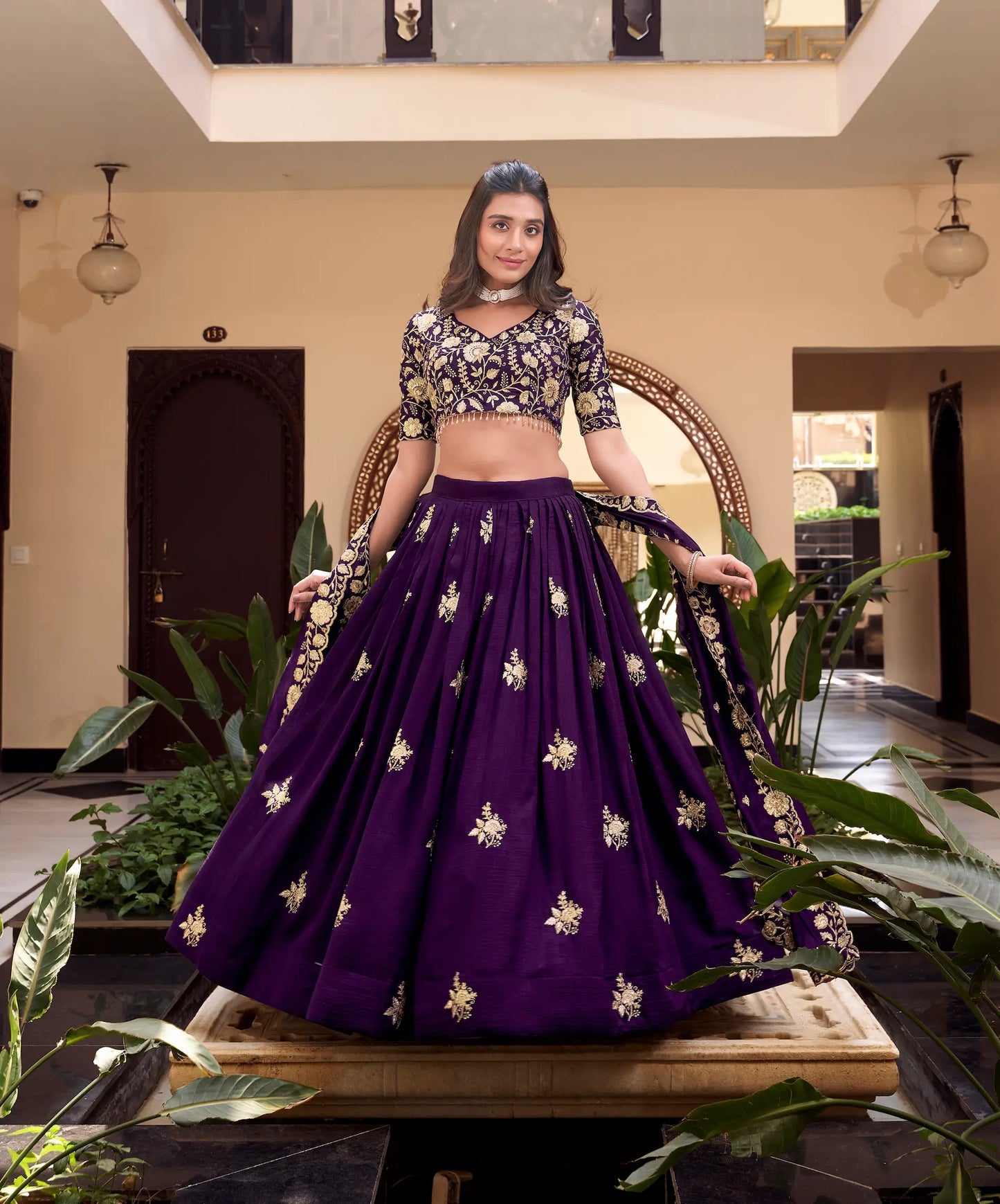 Purple Vichitra Silk Pearl Coding, Sequins & Thread Embroidery Work  Lehenga Choli