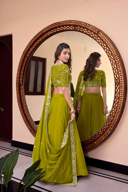 Parrot Green Georgette Pearl Coding, Sequins & Thread Embroidery Work  Lehenga Choli