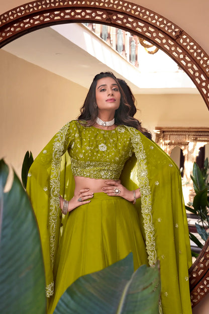 Parrot Green Georgette Pearl Coding, Sequins & Thread Embroidery Work  Lehenga Choli