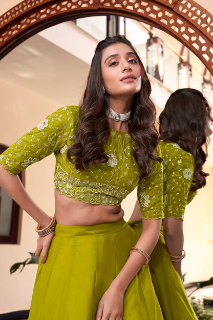 Parrot Green Georgette Pearl Coding, Sequins & Thread Embroidery Work  Lehenga Choli