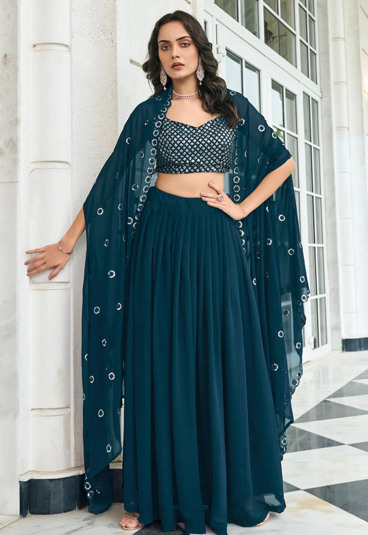 Navy Blue Georgette Thread & Sequence Embroidery Work Indo Western Lehenga Choli