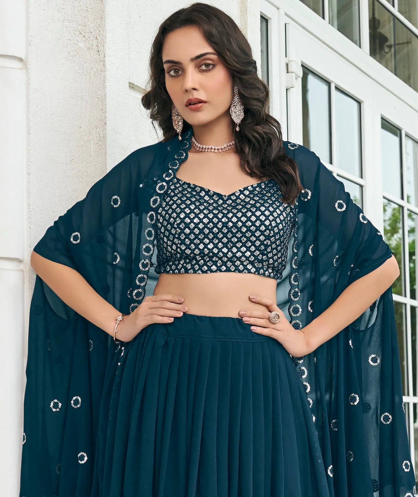 Navy Blue Georgette Thread & Sequence Embroidery Work Indo Western Lehenga Choli