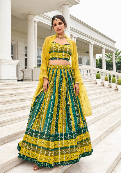 Yellow-Multicolor Georgette Lehenga Choli With Digital Print & Embroidery Work