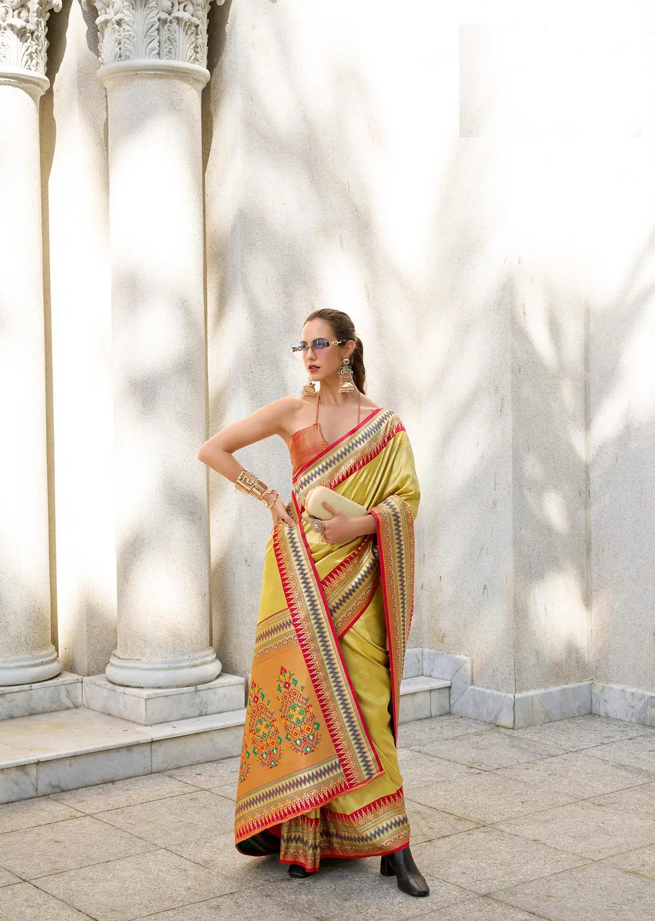 Yellow Tissue Silk Saree with Zari Weaving & Contrast Border