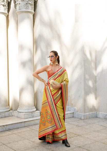 Yellow Tissue Silk Saree with Zari Weaving & Contrast Border