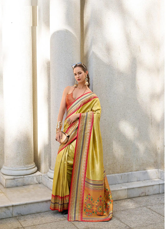 Yellow Tissue Silk Saree with Zari Weaving & Contrast Border