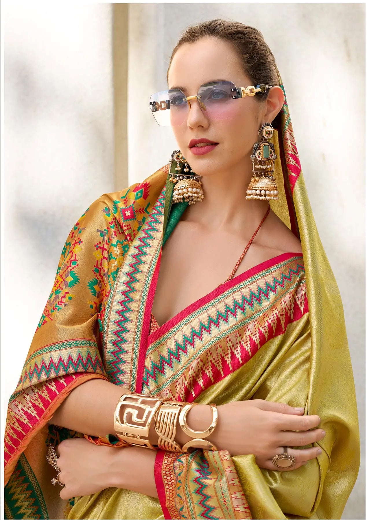 Yellow Tissue Silk Saree with Zari Weaving & Contrast Border