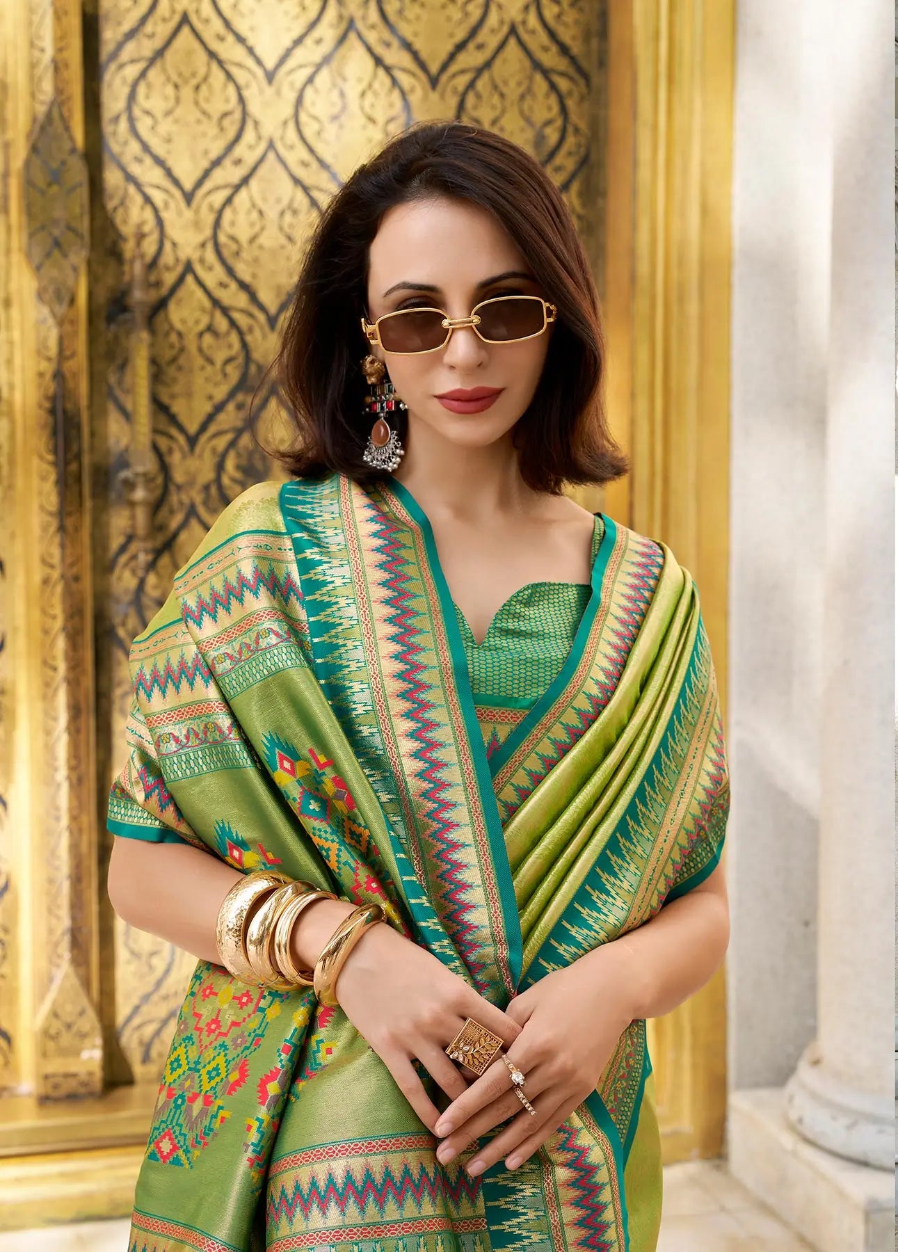 Green Tissue Silk Saree with Zari Weaving & Contrast Border
