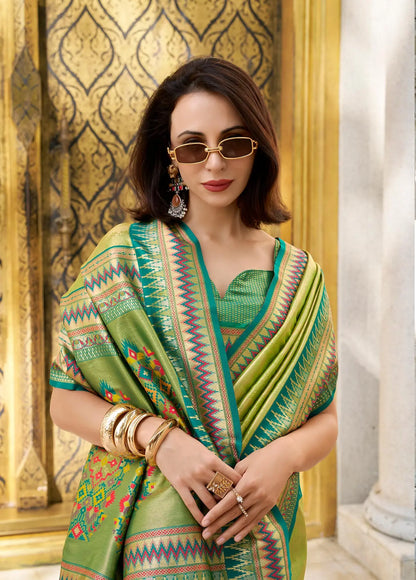 Green Tissue Silk Saree with Zari Weaving & Contrast Border