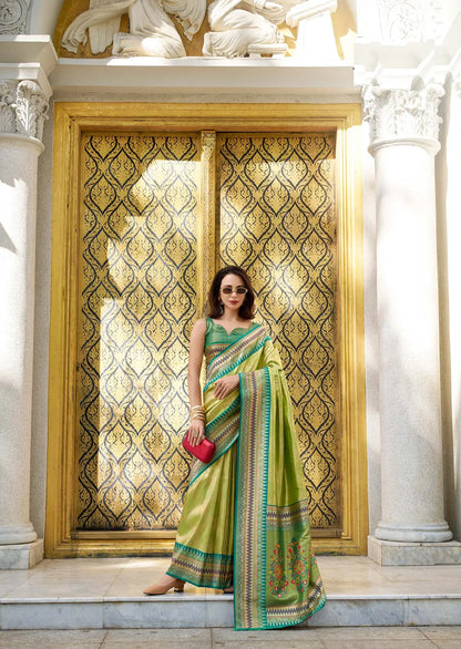 Green Tissue Silk Saree with Zari Weaving & Contrast Border