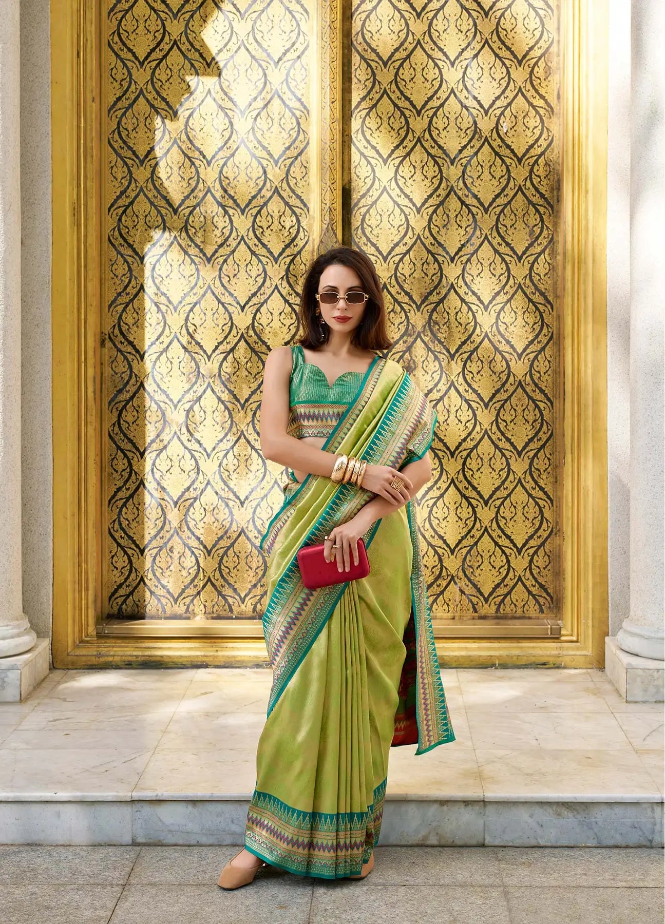 Green Tissue Silk Saree with Zari Weaving & Contrast Border