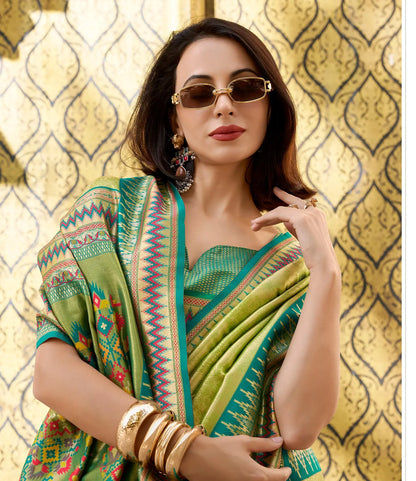 Green Tissue Silk Saree with Zari Weaving & Contrast Border