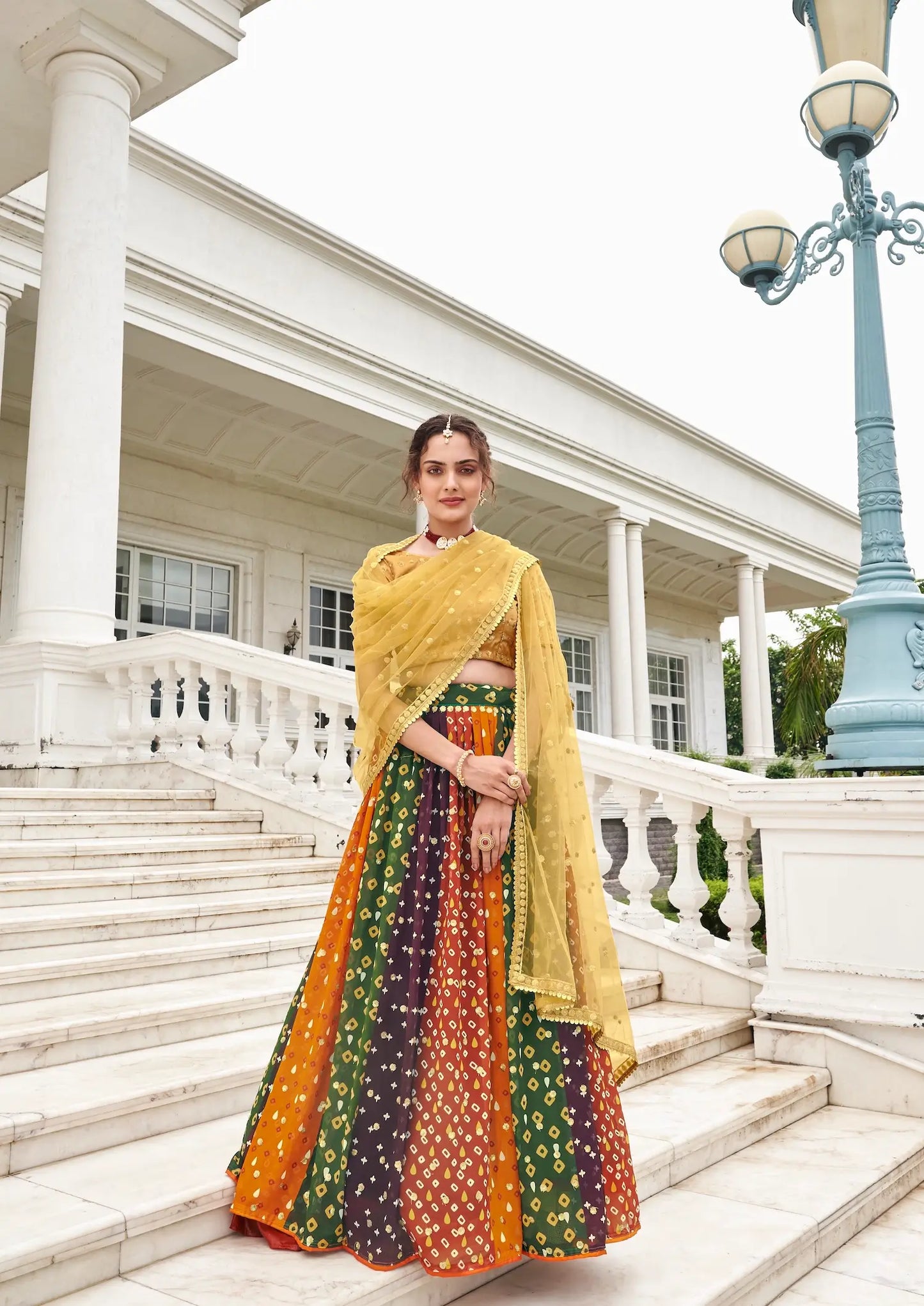 Beige-Multicolor Georgette Lehenga Choli With Digital Print & Embroidery Work