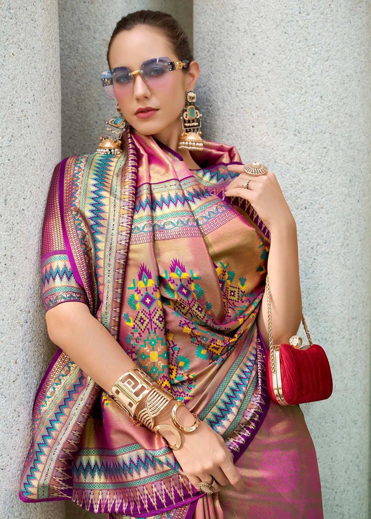 Peach Tissue Silk Saree with Zari Weaving & Contrast Border