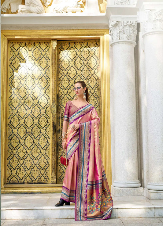 Peach Tissue Silk Saree with Zari Weaving & Contrast Border