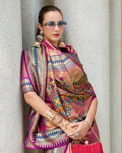 Peach Tissue Silk Saree with Zari Weaving & Contrast Border