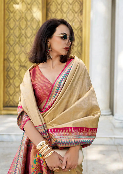 Beige Tissue Silk Saree with Zari Weaving & Contrast Border