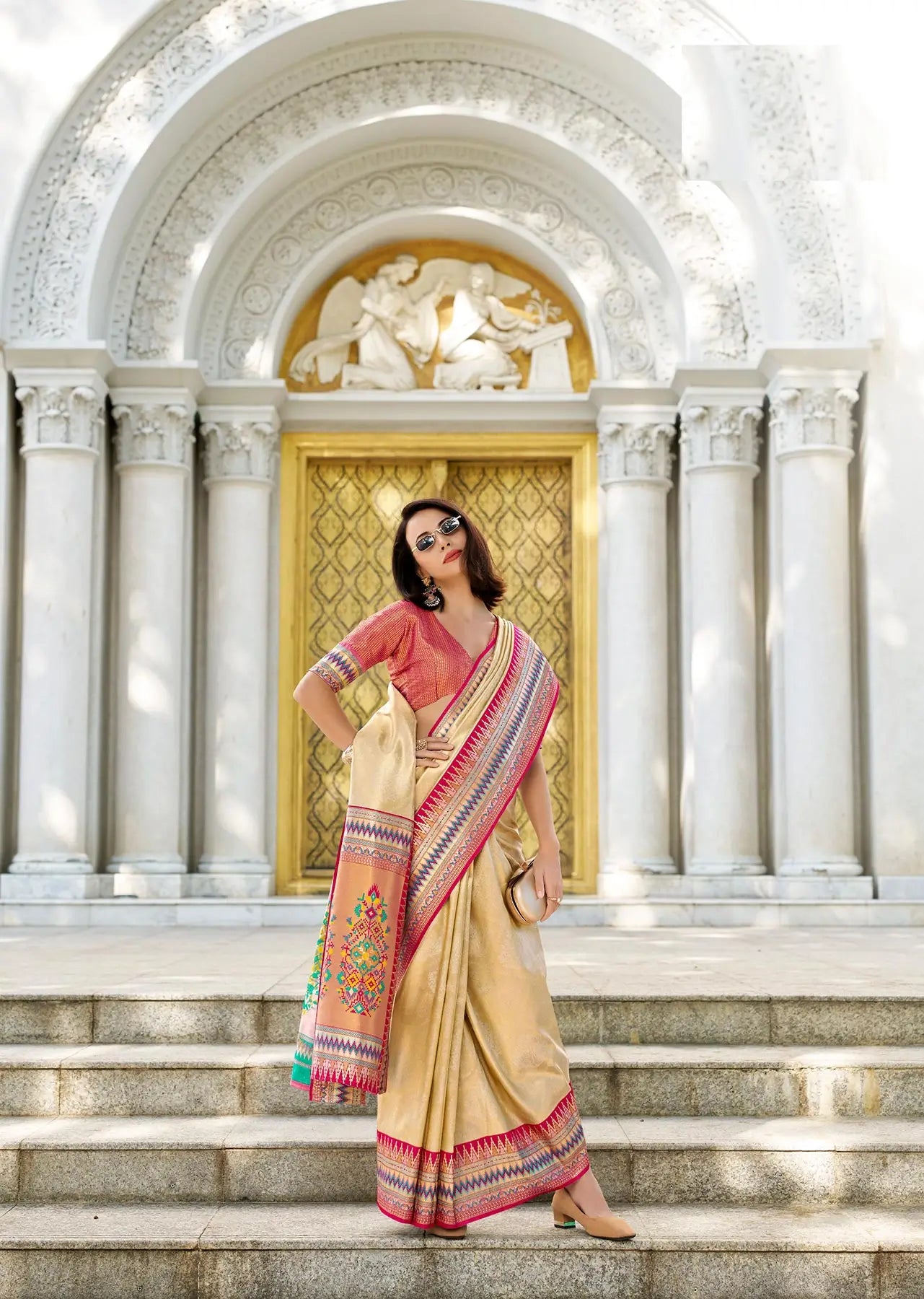Beige Tissue Silk Saree with Zari Weaving & Contrast Border