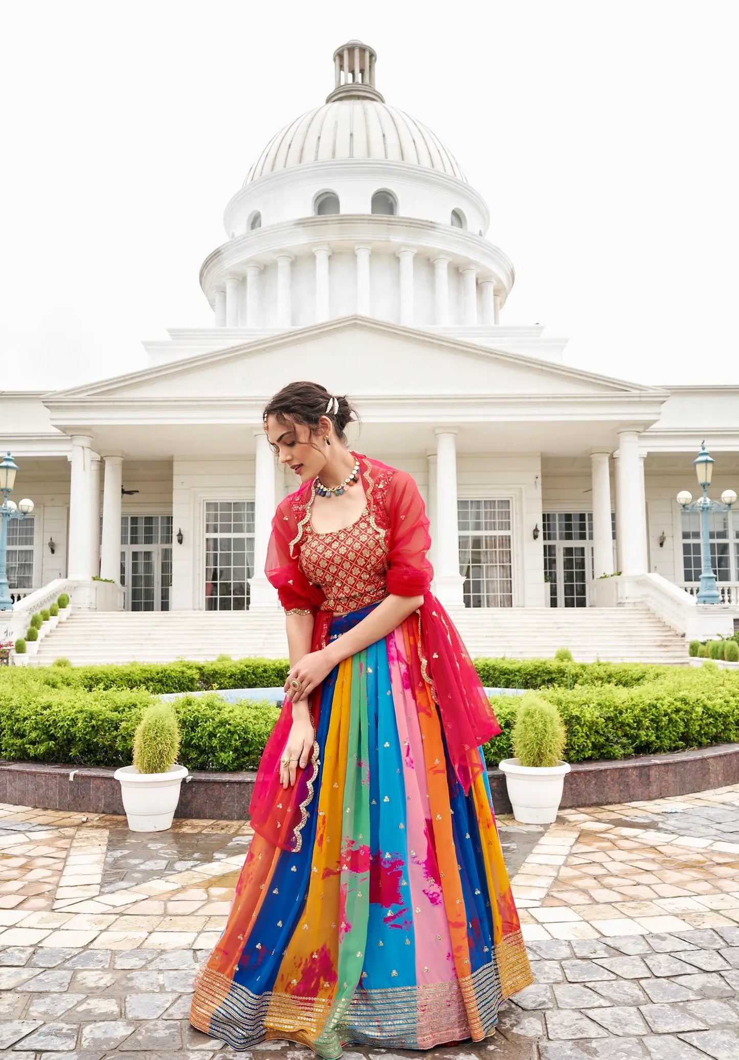 Red-Multicolor Georgette Lehenga Choli With Digital Print & Embroidery Work