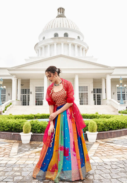 Red-Multicolor Georgette Lehenga Choli With Digital Print & Embroidery Work
