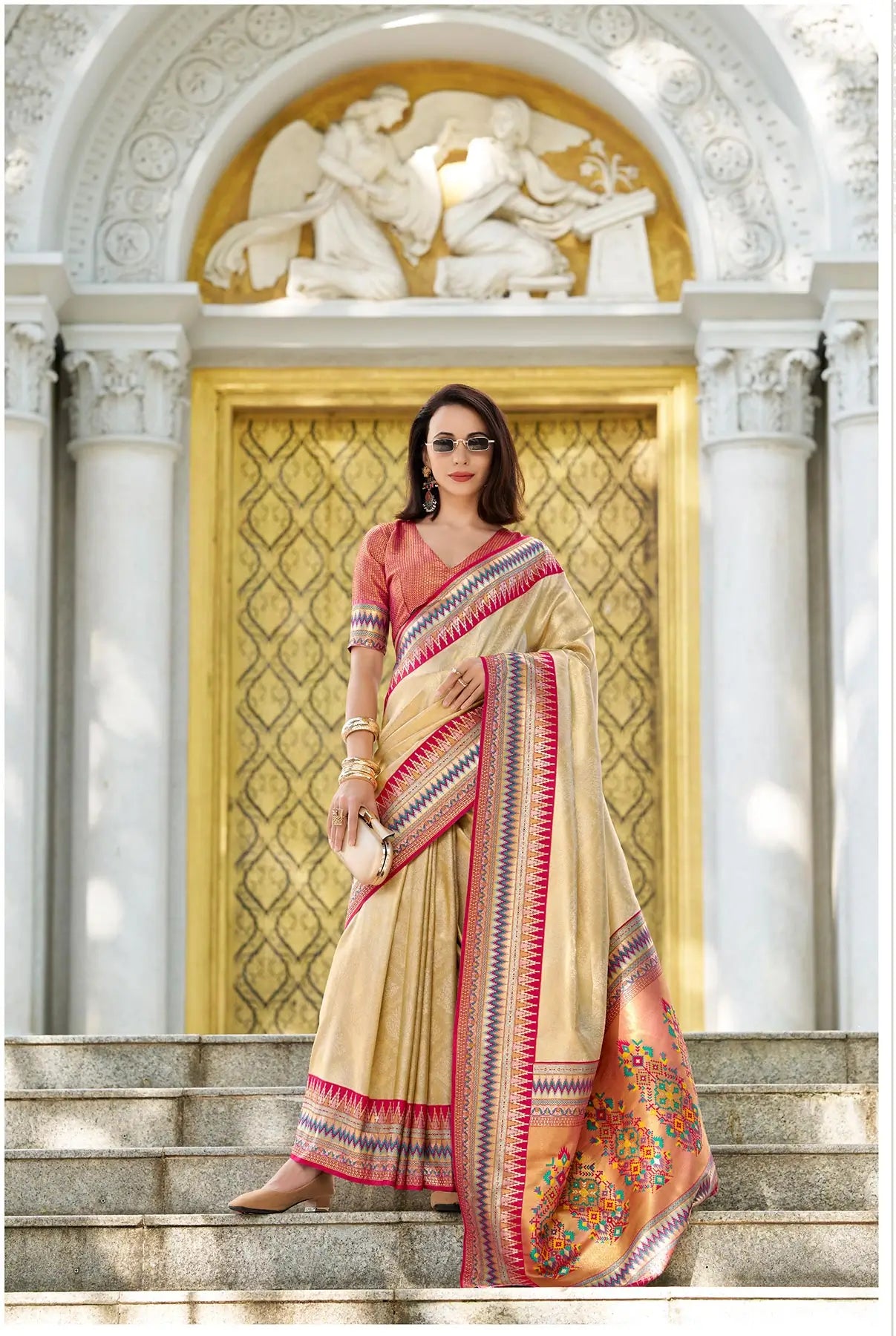 Beige Tissue Silk Saree with Zari Weaving & Contrast Border