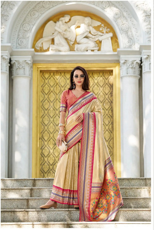 Beige Tissue Silk Saree with Zari Weaving & Contrast Border