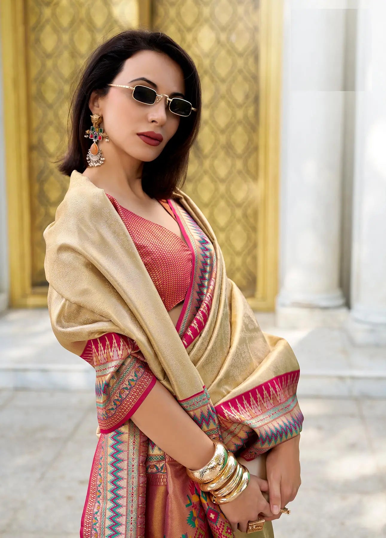 Beige Tissue Silk Saree with Zari Weaving & Contrast Border