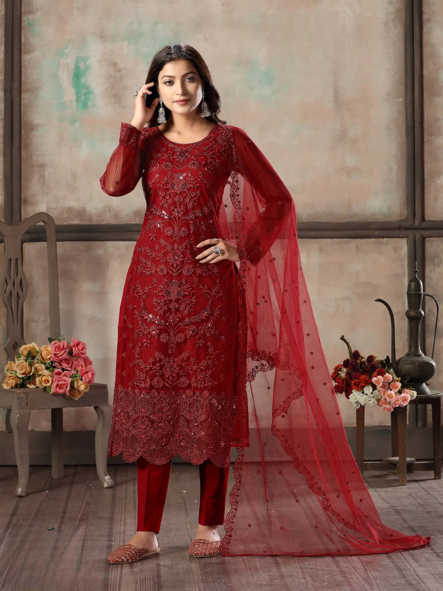 Red Net Salwar Suit With Thread & Sequence Embroidery Work