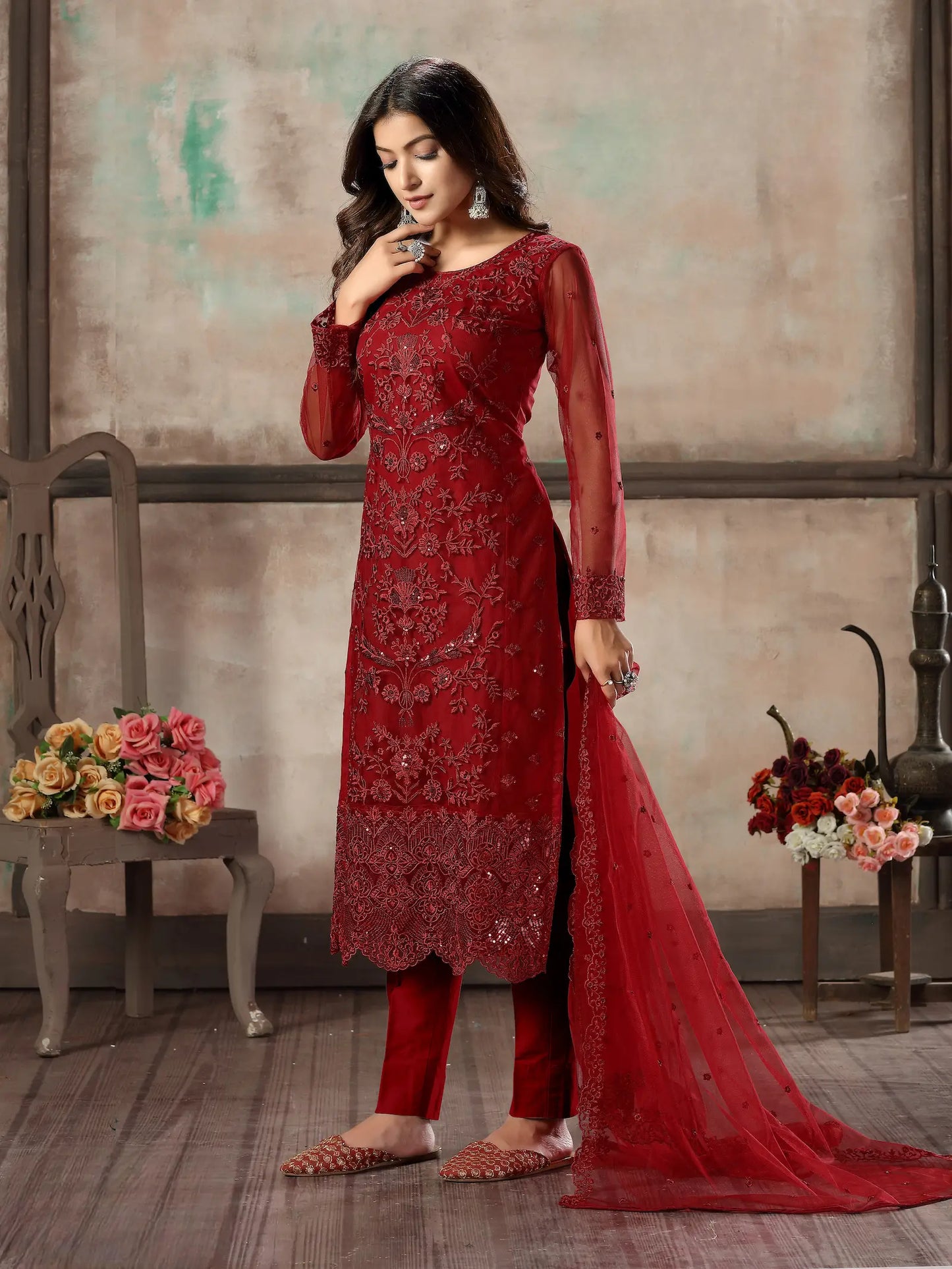 Red Net Salwar Suit With Thread & Sequence Embroidery Work