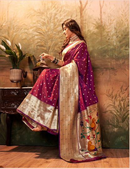 Wine Paithani Silk Saree with Woven Border & Pallu