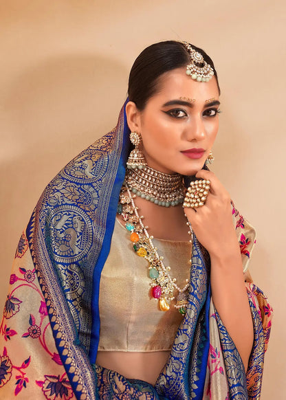 Blue Dharmavaram Tissue Silk Saree with Zari Weaving & Contrast Border