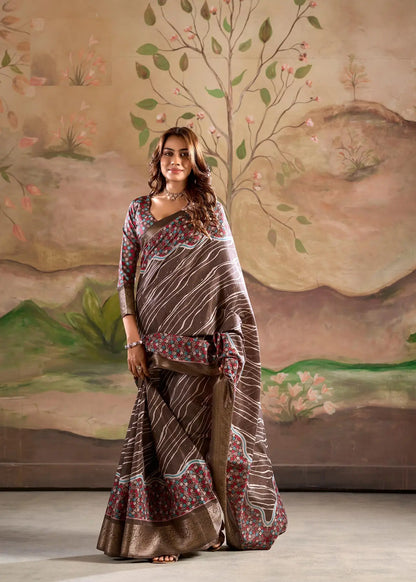 Brown Dola Silk Printed Saree With Zari Border