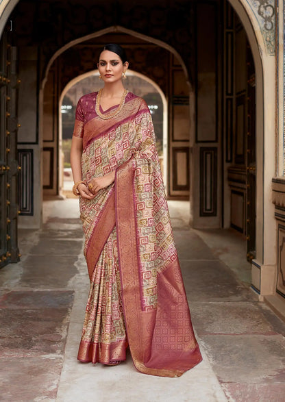 Multi Color Handloom Silk Saree  With Digital Print Zari Border