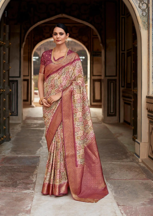 Multi Color Handloom Silk Saree  With Digital Print Zari Border