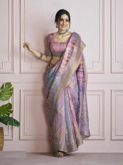 MultiColor Handloom Khadi Silk Saree with Digital Print & Zari  Border