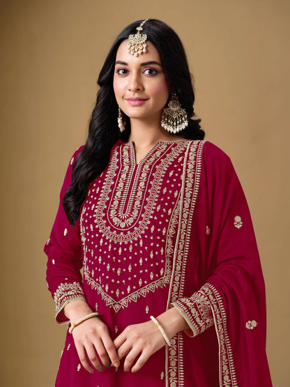 Dark Red Art Silk Sharara Suit With Thread & Sequins Embroidery Work