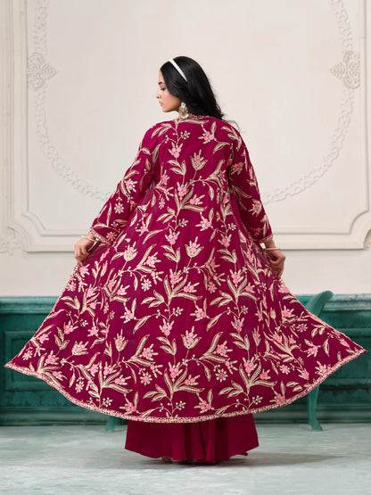 Pink Georgette Indo Western Set With Thread & Sequins Embroidery Work
