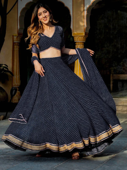 Black Georgette Leheriya Print Lehenga With Zari And Cording Lace Work