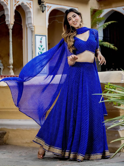 Blue Georgette Leheriya Print Lehenga With Zari And Cording Lace Work
