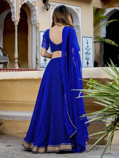 Blue Georgette Leheriya Print Lehenga With Zari And Cording Lace Work