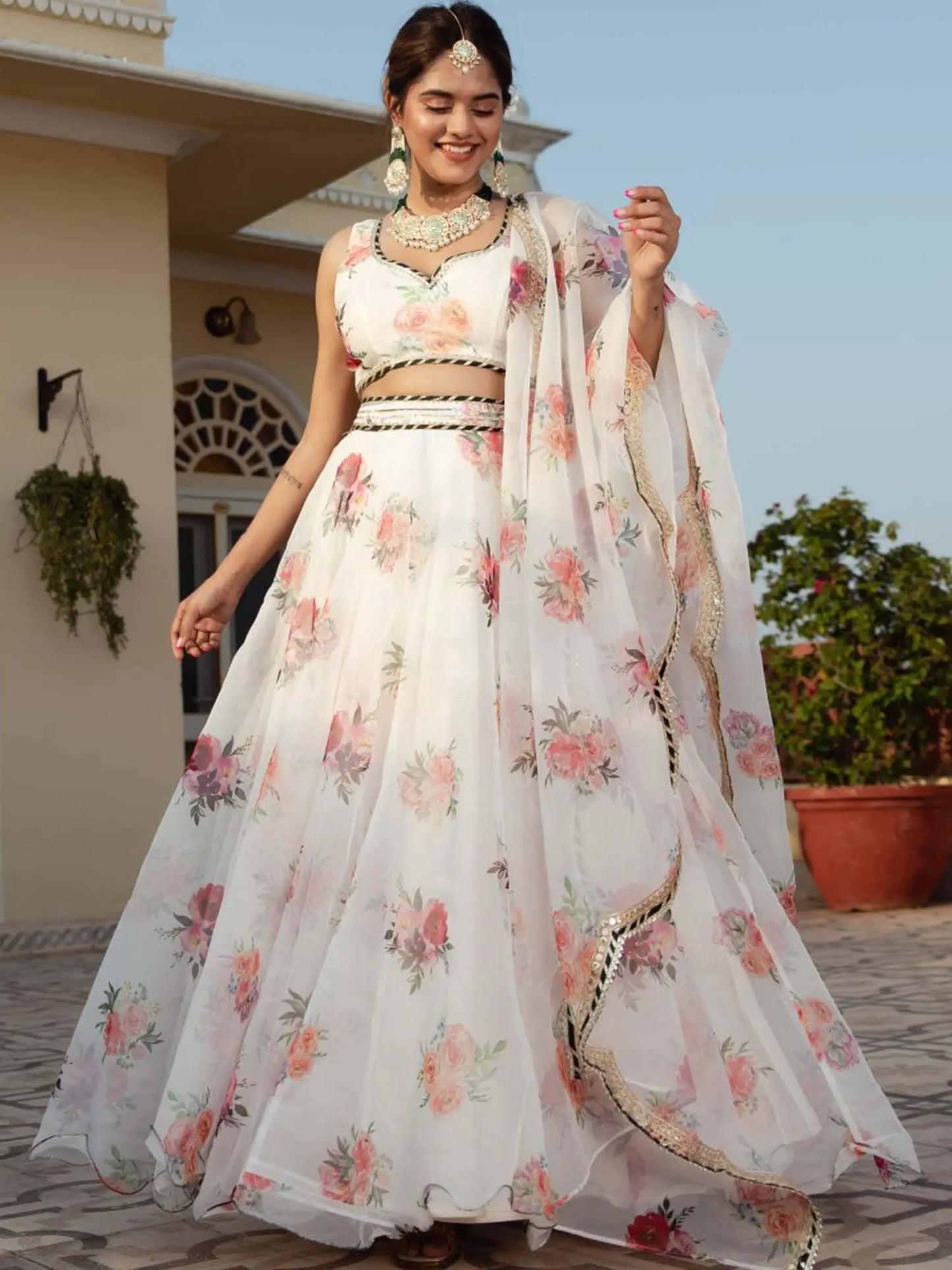 White Organza Lehenga With Floral Digital Print And Embroidery Work
