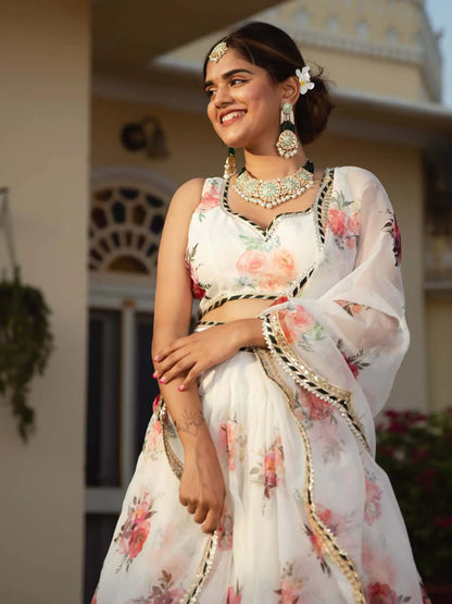 White Organza Lehenga With Floral Digital Print And Embroidery Work