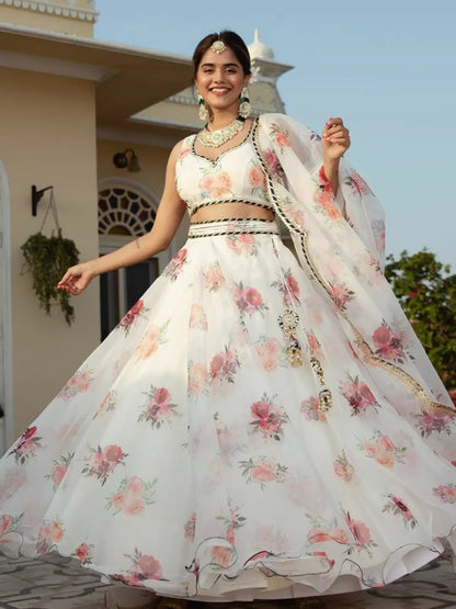 White Organza Lehenga With Floral Digital Print And Embroidery Work